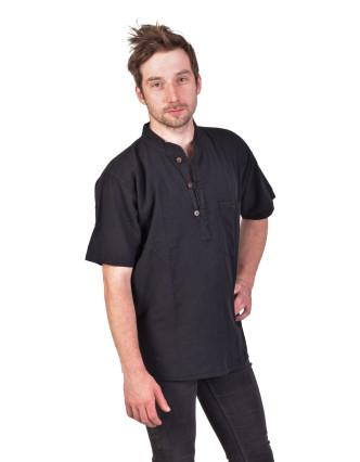 Pánská košile-kurta s krátkým rukávem a kapsičkou, černá