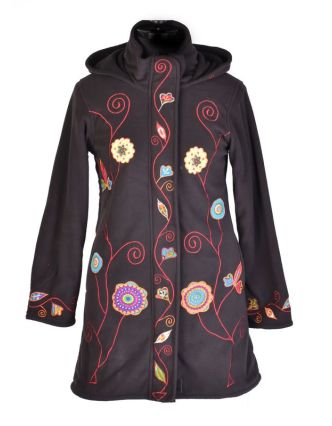 Černý fleecový dámský kabátek s kapucí zapínaný na zip, Flowers design, výšivka