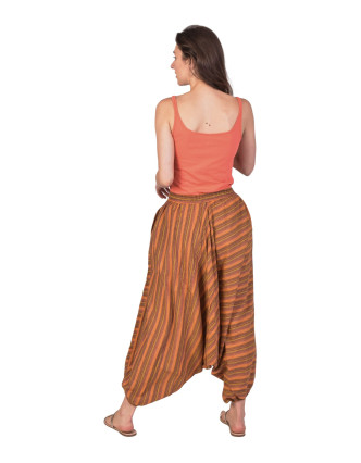Unisex turecké kalhoty, oranžové, proužkované, kapsy, guma a sňůrka v pase