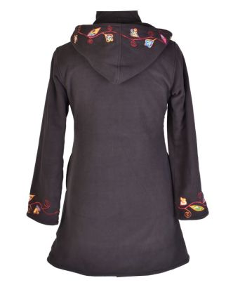 Černý fleecový dámský kabátek s kapucí zapínaný na zip, Flowers design, výšivka