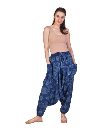 Unisex turecké kalhoty, modré, Mandala potisk, kapsy, guma a sňůrka v pase