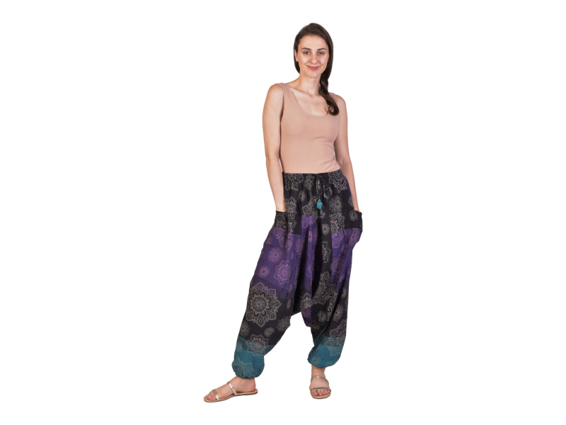 Unisex turecké kalhoty, fialovo-černé, Mandala potisk, kapsy, guma a sňůrka