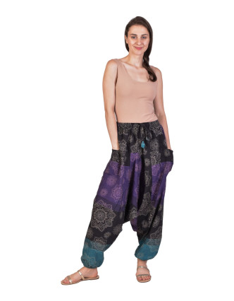 Unisex turecké kalhoty, fialovo-černé, Mandala potisk, kapsy, guma a sňůrka