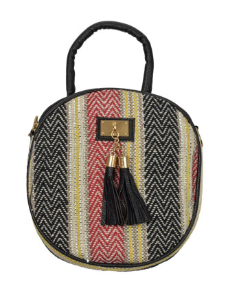 Kulatá kabelka, bavlněná, zapínání na zip, 2 malé kapsy, barevné proužky, 22cm