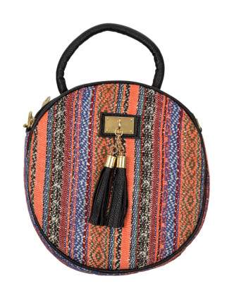 Kulatá kabelka, bavlněná, zapínání na zip, 2 malé kapsy, barevné proužky, 22cm