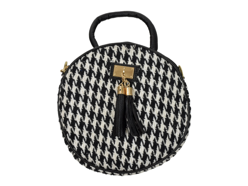 Kulatá kabelka, bavlněná, zapínání na zip, 2 malé kapsy, černobílá, 22cm
