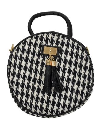 Kulatá kabelka, bavlněná, zapínání na zip, 2 malé kapsy, černobílá, 22cm