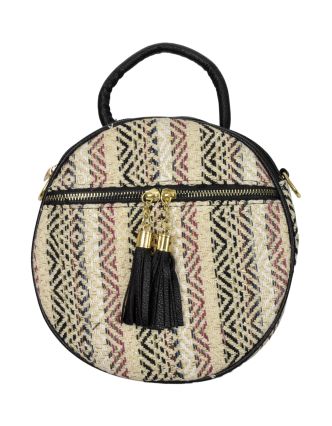 Kulatá kabelka, bavlněná, zapínání na zip, 2 malé kapsy, černo-béžová, 22cm