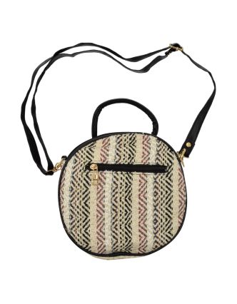 Kulatá kabelka, bavlněná, zapínání na zip, 2 malé kapsy, černo-béžová, 22cm