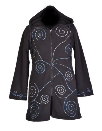 Černý fleecový dámský kabátek s kapucí zapínaný na zip, spiral výšivka a mandala
