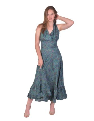Dlouhé letní šaty bez rukávu, zelené s modrým paisley potiskem