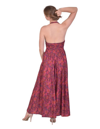 Dlouhé šaty za krk, fialové s růžovým paisley potiskem