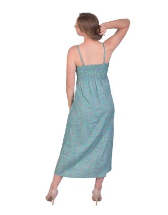 Dlouhé šaty na ramínka, zelené s modrým paisley potiskem