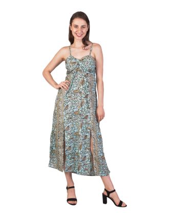 Dlouhé šaty na ramínka, blankytně modré s paisley potiskem
