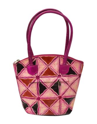 Kožená kabelka, růžová, ručně malovaná kůže, 24x22cm+14,5cm ucha