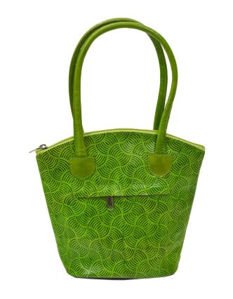 Kožená kabelka, zelená, ručně malovaná kůže, 24x22cm+14,5cm ucha