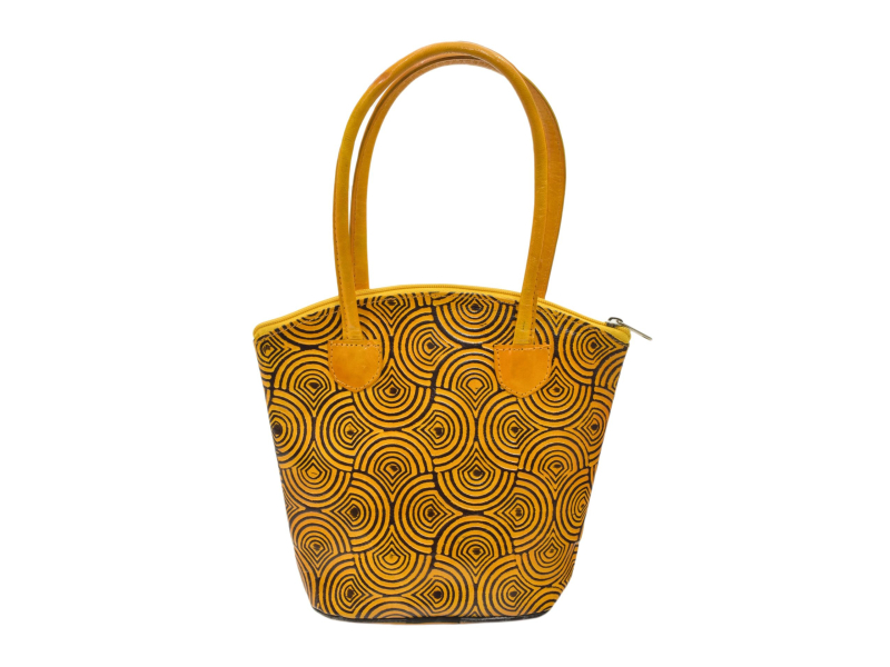 Kožená kabelka, žlutá, ručně malovaná kůže, 24x22cm+14,5cm ucha