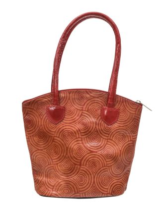 Kožená kabelka, červená, ručně malovaná kůže, 24x22cm+14,5cm ucha