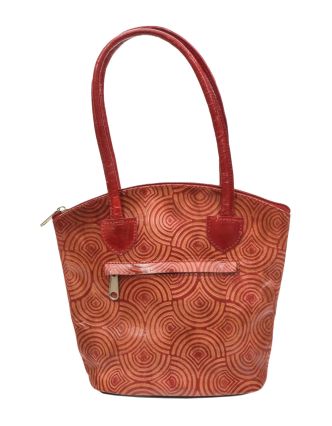 Kožená kabelka, červená, ručně malovaná kůže, 24x22cm+14,5cm ucha