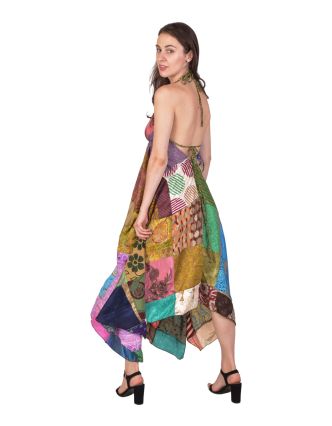 Dlouhé šaty na ramínka z recyklovaných sárí, patchwork, každý kus originál