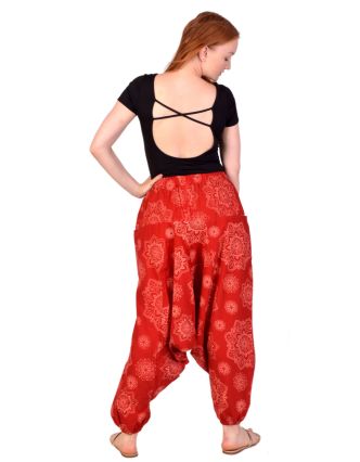 Unisex turecké kalhoty, červené, Mandala potisk, kapsy, guma a sňůrka v pase