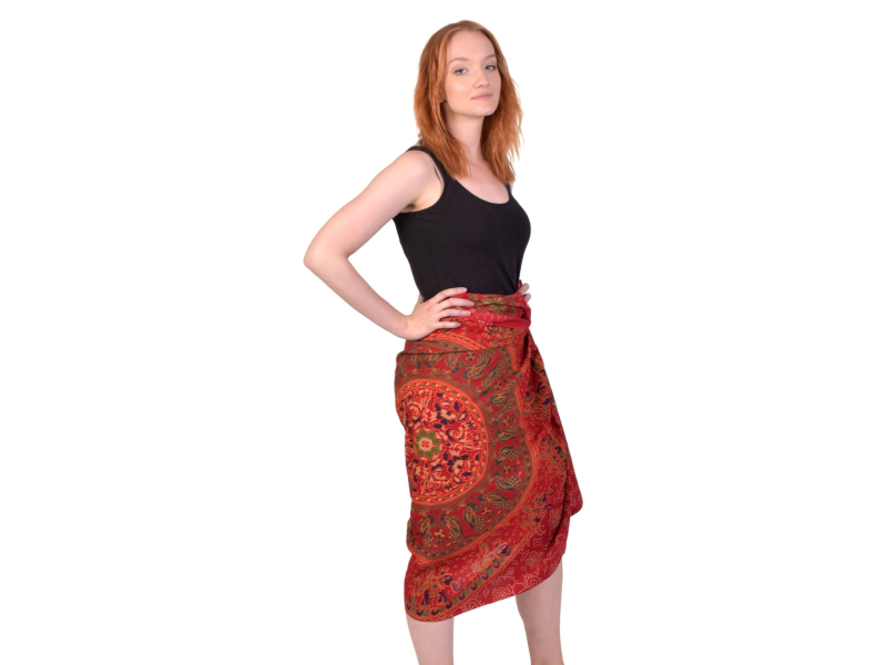 Sárong z bavlny, tmavě červený s ručním tiskem, mandala, sloni a pávy, 110x180cm