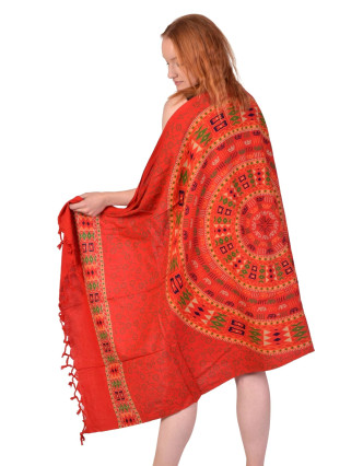 Sárong z bavlny, červený s ručním tiskem, sloní mandala,110x180cm