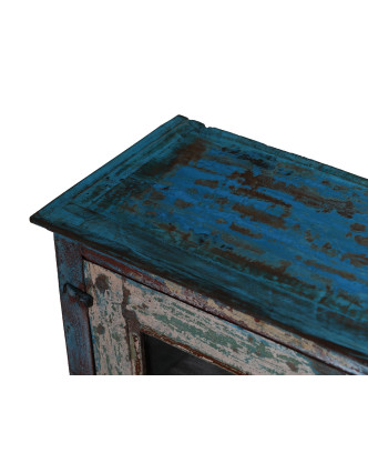 Prosklená skříňka z teakového dřeva, tyrkysová patina, 43x22x57cm