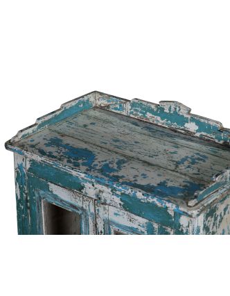 Prosklená skříňka z teakového dřeva, tyrkysová patina, 64x39x106cm