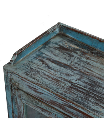 Prosklená skříňka z teakového dřeva, tyrkysová patina, 53x30x93cm