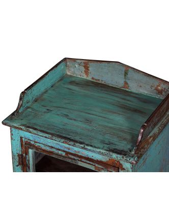 Prosklená skříňka z teakového dřeva, tyrkysová patina, 54x44x86cm