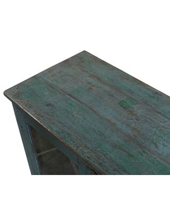Prosklená skříňka z teakového dřeva, tyrkysová patina, 124x43x108cm