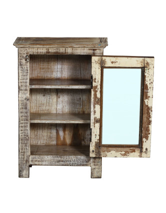 Prosklená skříňka z teakového dřeva, bílá patina, 46x22x67cm