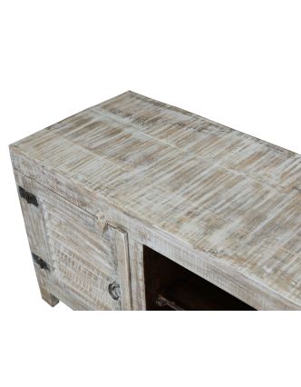 TV komoda z teakového dřeva, bílá patina, 152x45x60cm