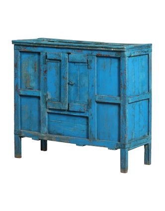 Starožitná skříň z teakového dřeva, tyrkysová patina, 114x44x103cm