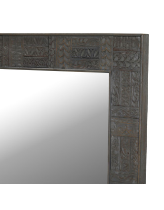 Zrcadlo v rámu z mangového dřeva, ruční řezby, šedá patina, 92x4x137cm