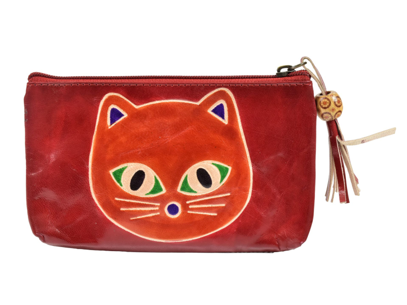 Neceser zapínaný na zip, červený, kočka, ručně malovaná kůže, 18x11cm