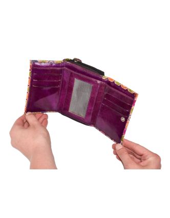Peněženka, barevná kolečka, fialový podklad, ručně malovaná kůže, zip 12x9cm