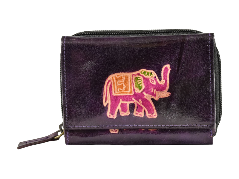 Peněženka, fialová, slon, ručně malovaná kůže, zip 12x9cm