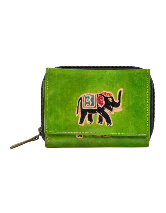 Peněženka, zelená, slon, ručně malovaná kůže, zip 12x9cm