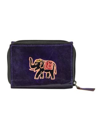 Peněženka, fialová, slon, ručně malovaná kůže, zip 12x9cm