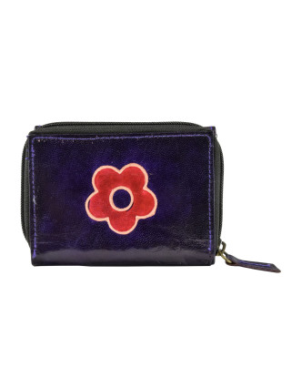 Peněženka, fialová, květina, ručně malovaná kůže, zip 12x9cm