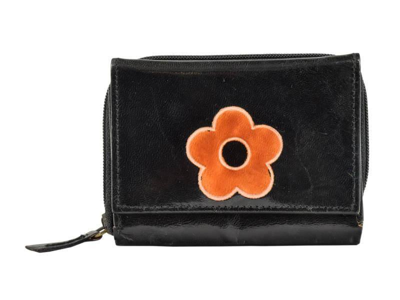 Peněženka, černá, květina, ručně malovaná kůže, zip 12x9cm