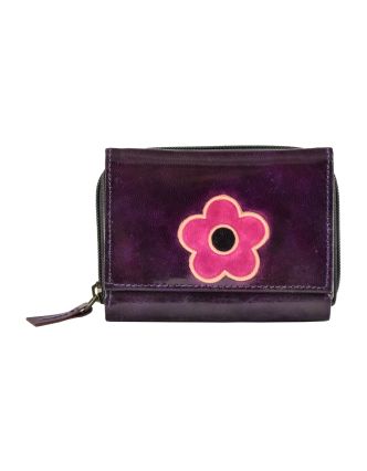 Peněženka, fialová, květina, ručně malovaná kůže, zip 12x9cm