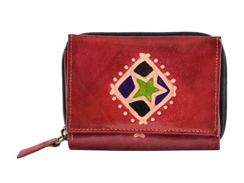 Peněženka, červená, hvězda, ručně malovaná kůže, zip 12x9cm