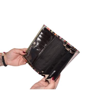 Peněženka ručně malovaná kůže, černá, barevný vzor 18x10,5cm