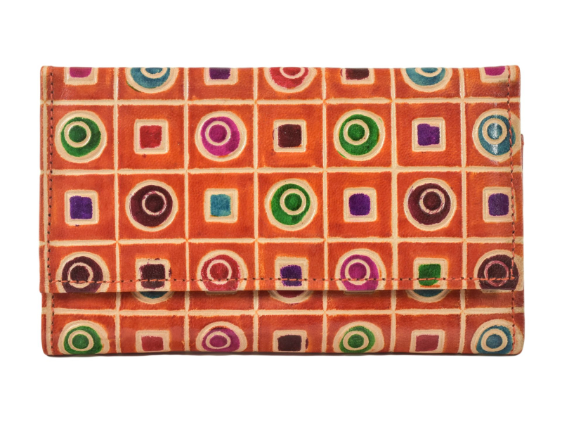 Peněženka ručně malovaná kůže, oranžová, barevný vzor 18x10,5cm