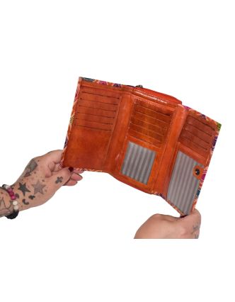 Peněženka zapínaná na zip, barevné vzorce, malovaná kůže, oranžová, 17x10cm