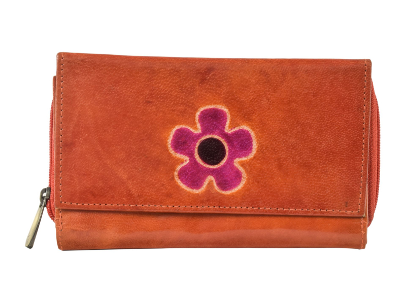 Peněženka zapínaná na zip, kytička, malovaná kůže, oranžová, 17x10cm