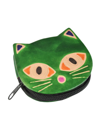 Zelená peněženka na drobné s designem kočky, ručně malovaná kůže, 8x8cm